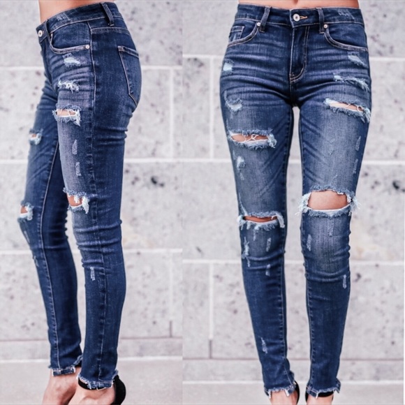 Dark Wash Distressed Denim Ankle Skinny Jeans - Picture 1 of 7